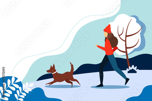 Woman running with the dog in the Park. The concept of an active lifestyle. Vector winter illustration in flat style. 
