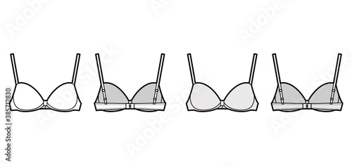 Bra contour molded cup lingerie technical fashion illustration with adjustable straps, hook-and-eye closure. Flat brassiere template front back white color style. Women men unisex underwear CAD mockup