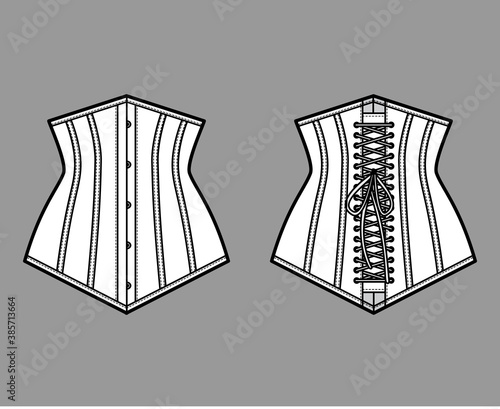 Pointed waist cincher back laced longline corsetry lingerie technical fashion illustration with bones. Flat belt template front, back white color style. Women men unisex underwear CAD mockup