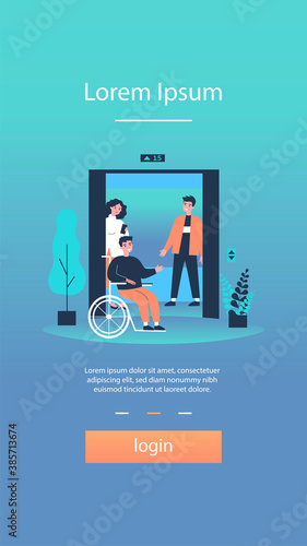Disabled man getting into elevator cabin. Wheelchair, friends, lift flat vector illustration. Diversity, disability, public place concept for banner, website design or landing web page