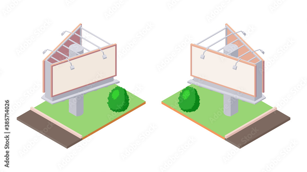 Isometric billboard on green ground near road for outdoor advertising. Isometric billboard on green ground near road for outdoor advertising.