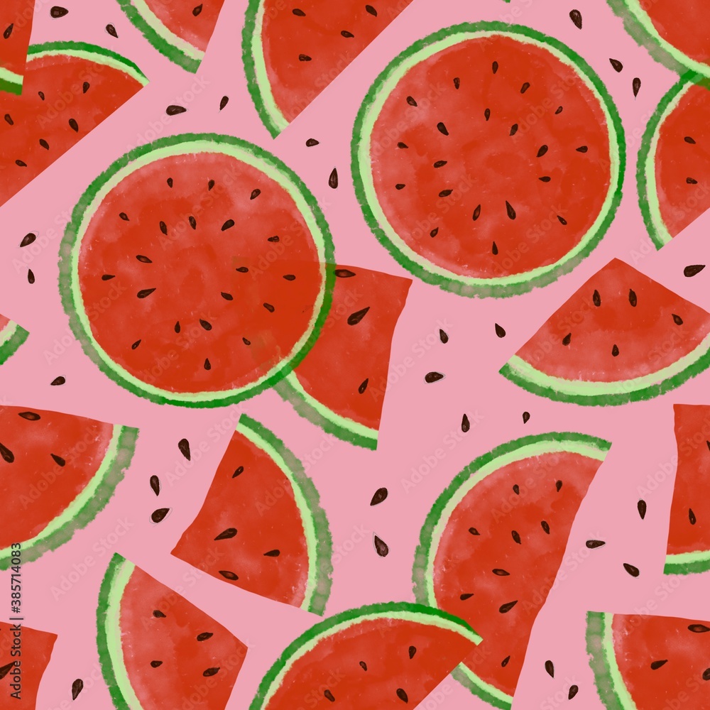 Fresh green red watermelon seamless surface pattern hand drawn in digital watercolor. Isolated on pink. Whole, half, slice cut, seeds Fresh green red watermelon seamless surface pattern hand drawn in digital watercolor. Isolated on pink. Whole, half, slice cut, seeds