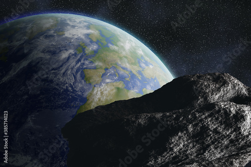 Fototapeta Naklejka Na Ścianę i Meble -  Big asteroid or meteor is floating to Earth. Apocalypse concept. 3D rendered illustration. Elements of this image furnished by NASA.