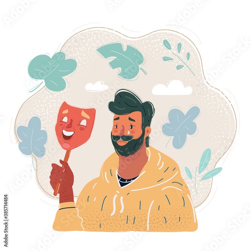 Vector illustration of man hide his real face by holding cheerful mood mask.