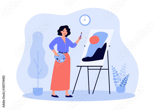 Happy female artist standing at easel and painting flat vector illustration. Cartoon painter with palette drawing new masterpiece. Creative profession and hobby concept