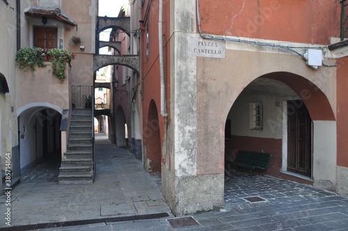 covered walkways in the small village of Varese Ligure  La Spezia province  Liguria  Italy