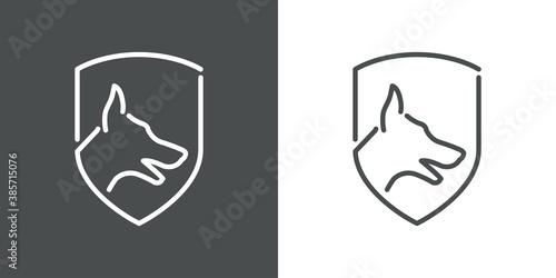 Perro guardián. Logotipo con silueta de cabeza de perro en escudo con líneas en fondo gris y fondo blanco