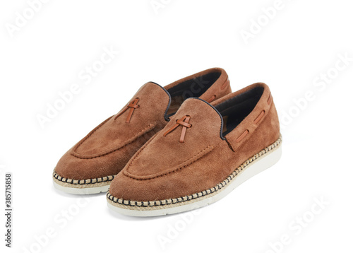 Pair of light men's summer shoes in brown suede with a white rubber sole edged with sisal. Light and practical shoes for everyday wear. Light and practical shoes for everyday wear.