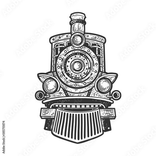 Steam locomotive sketch engraving vector illustration. T-shirt apparel print design. Scratch board imitation. Black and white hand drawn image.