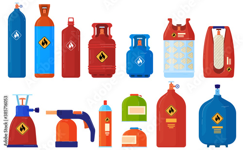 Flammable gas cylinder container vector illustration set. Cartoon flat inflammable argon, acetylene, lpg propane or butane safety bottle cylinder and canister, tanks containing gas isolated on white