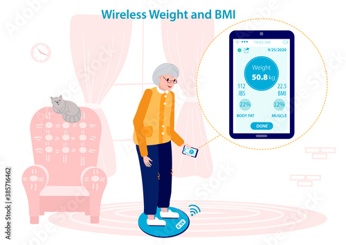 Senior woman measuring her Weight and BMI on a Wireless Weighing Machine. Mobile application syncs with Weighing scale. Assists Elderly Lady and their doctors to measure and monitor weight.