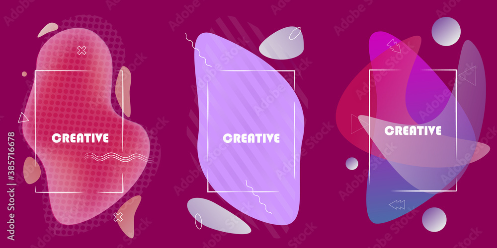 Colorful fashion trend set of abstract modern graphic elements. Dynamic colored shapes with flowing fluid elements. Template for logo design, advertising flyer or presentation.