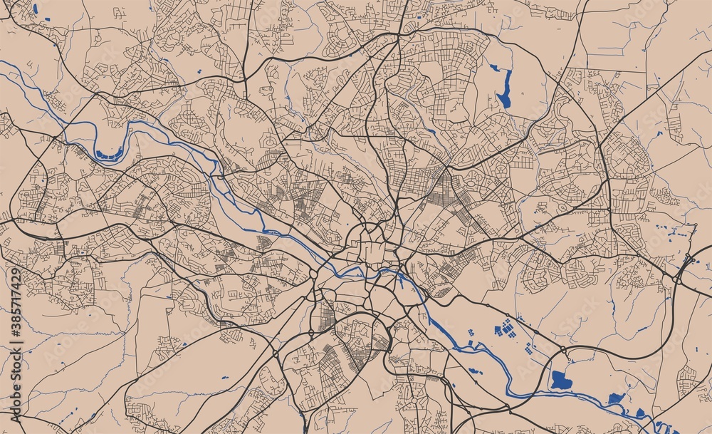 Detailed map of Leeds city, linear print map. Cityscape panorama.