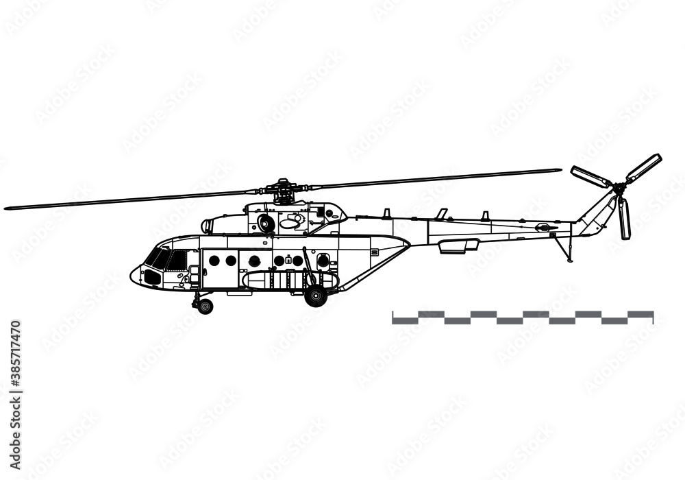 Mil Mi-171. Vector drawing of military transport helicopter. Side view ...