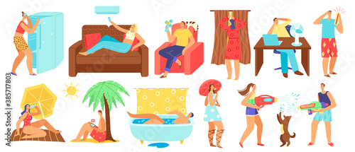 Hot summer heat day vector illustration set. Cartoon flat people sunbathing on tropical beach in heat, overheating man woman character sitting at home or office with air conditioner, cooling under fan