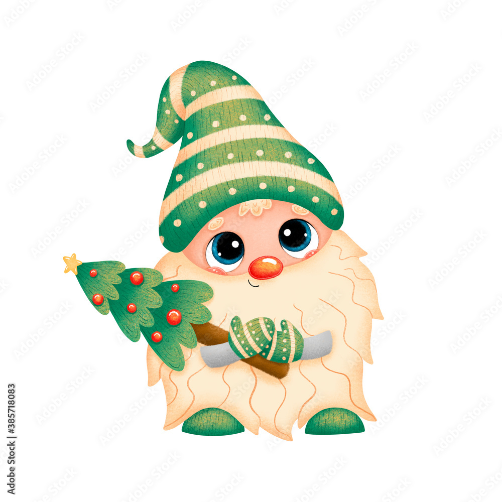 Illustration of a cute cartoon Christmas gnome isolated on a white background. Scandinavian green gnome with a Christmas tree.