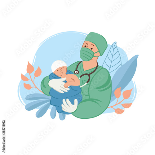 Vector cartoon background on the theme of medicine, birth, pediatrics, obstetrics, gynecology. Doctor holds a newborn. Colorful illustration for use in design