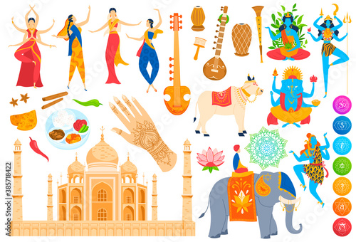 Traditions, culture landmark of India vector illustration set. Cartoon flat Indian god or goddess characters, hinduism godlike idol animals, traditionally dancing woman dancers, food isolated on white