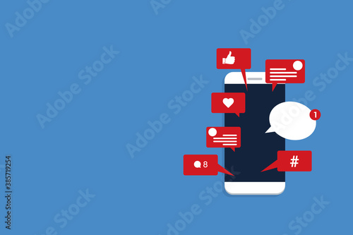 Viral content, social activity and smm - likes, shares and comments popping up on the mobile screen. 