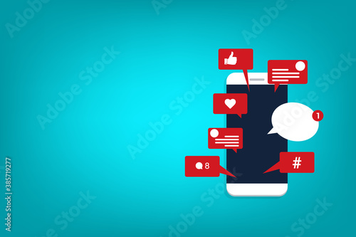 Viral content, social activity and smm - likes, shares and comments popping up on the mobile screen. 