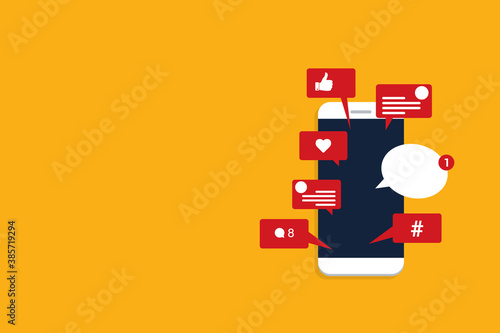 Viral content, social activity and smm - likes, shares and comments popping up on the mobile screen. 