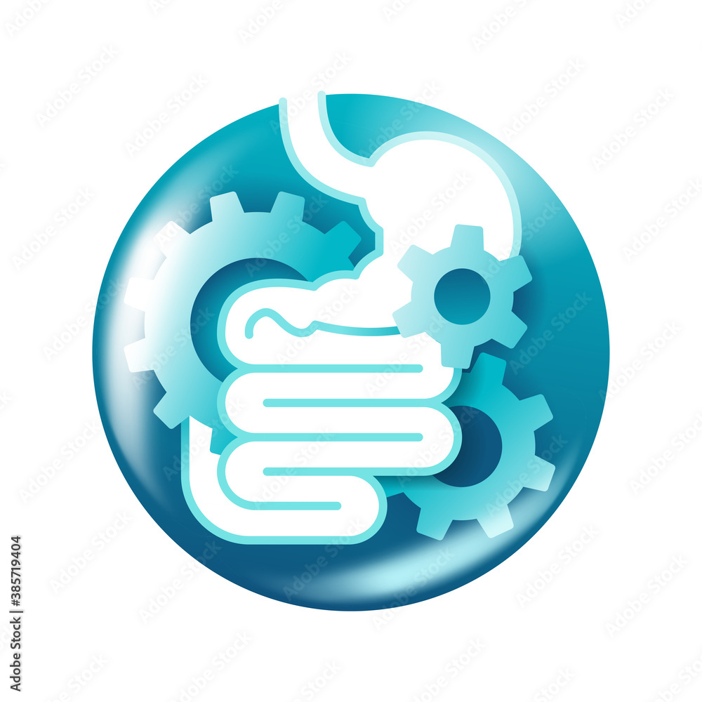Digestive laxative system glossy icon - human stomach associated with gear box mechanicm - for gastro medical drugs packaging - isolated vector emblem Digestive laxative system glossy icon - human stomach associated with gear box mechanicm - for gastro medical drugs packaging - isolated vector emblem