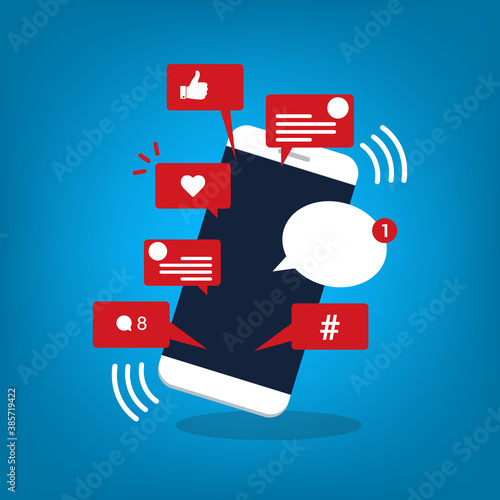 Viral content, social activity and smm - likes, shares and comments popping up on the mobile screen. 