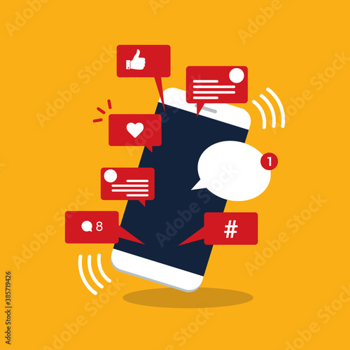 Viral content, social activity and smm - likes, shares and comments popping up on the mobile screen. 