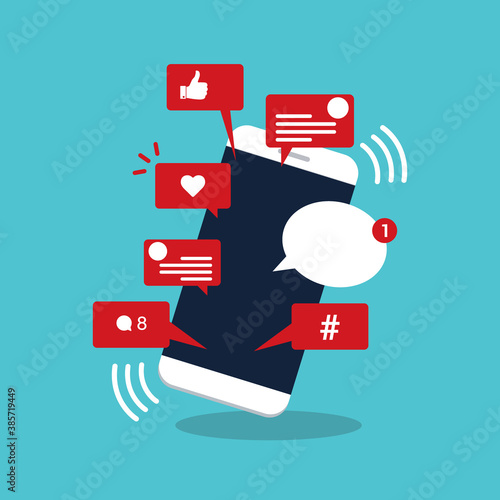Viral content, social activity and smm - likes, shares and comments popping up on the mobile screen. 
