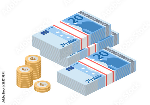 Isometric stacks of 20 euro banknotes. Pile paper money and coins. Twenty bills. European currency notes. Vector illustration.