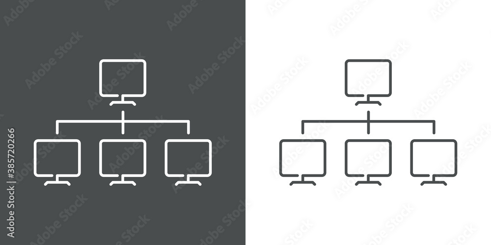 Network. Icono red de ordenadores conectados por líneas en fondo gris y fondo blanco