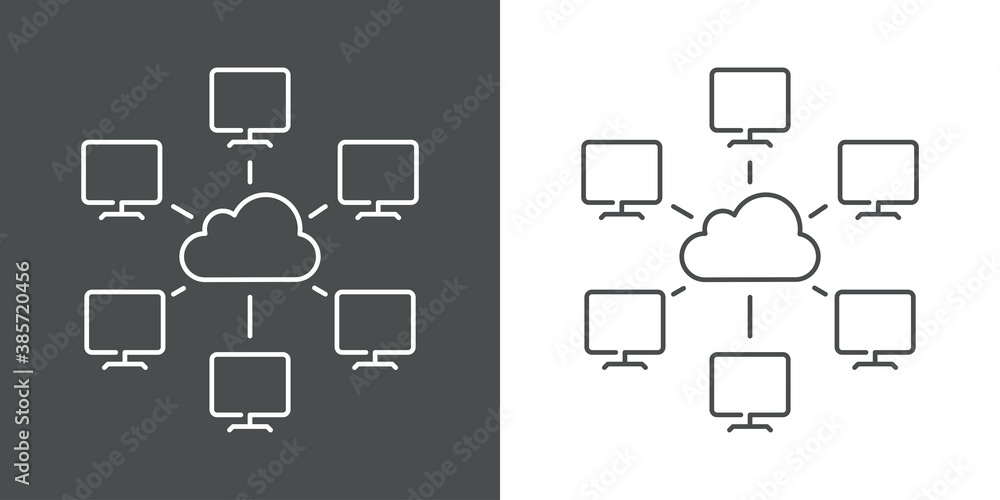 Network. Icono red de ordenadores conectados por líneas con nube en fondo gris y fondo blanco Network. Icono red de ordenadores conectados por líneas con nube en fondo gris y fondo blanco