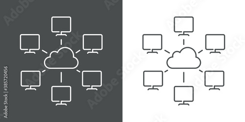 Network. Icono red de ordenadores conectados por líneas con nube en fondo gris y fondo blanco