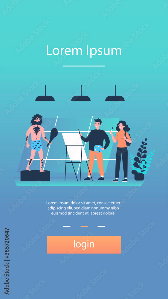 Art school students drawing model. Artist, primitive man, painting class flat vector illustration. Painting, hobby, workshop concept for banner, website design or landing web page