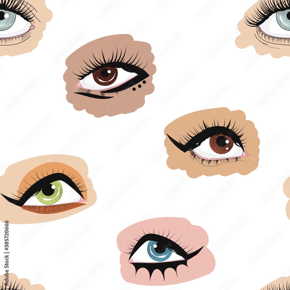 Eyes on a white background. Seamless pattern. Woman's eye. Eye makeup. Graphics. Isolated vector illustration. Eyes on a white background. Seamless pattern. Woman's eye. Eye makeup. Graphics. Isolated vector illustration.