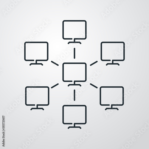 Network. Icono red de ordenadores conectados por líneas en fondo gris