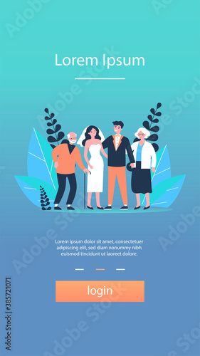 Happy newly married couple standing with senior parents. Bride, groom, love flat vector illustration. Family and wedding concept for banner, website design or landing web page
