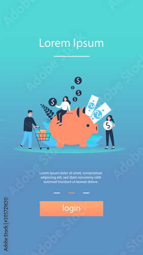 People saving money. Tiny men and women carrying cash to piggy bank. Vector illustration for investment, wealth, deposit, income concept