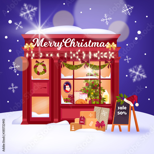 Christmas shop showcase illustration with chalkboard, red x-mas stall, garland, decorations. Winter holiday vector store exterior with gift boxes,snowdrifts, pine tree.Christmas shop flat illustration