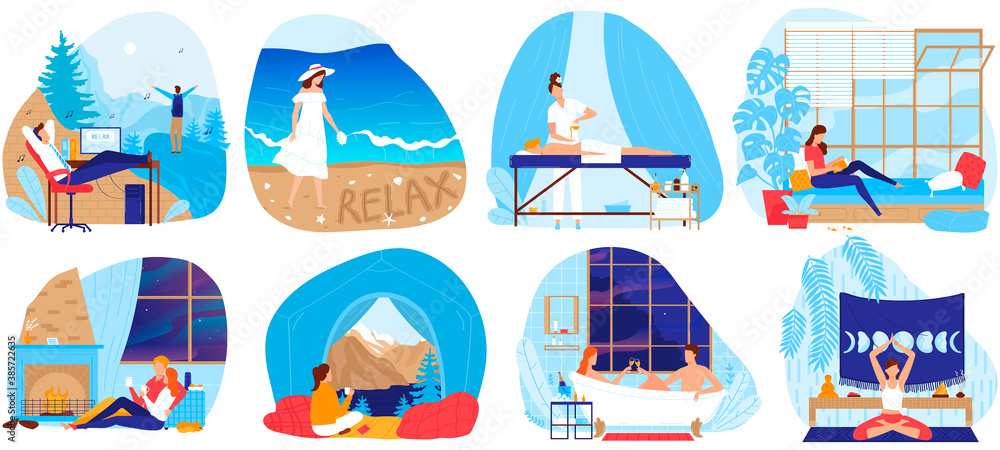 Relaxation vector illustration set. Cartoon flat comfort relax meditation collection with people relaxing at bathroom, home sofa with book or wine glass, laying on massage procedure isolated on white