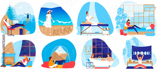 Relaxation vector illustration set. Cartoon flat comfort relax meditation collection with people relaxing at bathroom, home sofa with book or wine glass, laying on massage procedure isolated on white