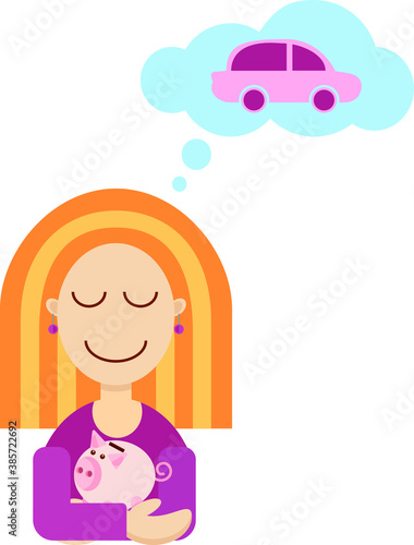 A girl with blonde hair and long balloon earrings holds a piggy Bank in her hands and dreams of a car