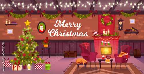 Winter Christmas room interior with fireplace, x-mas tree, armchairs, gift boxes, sleeping cat. Traditional decorated indoor view with chimney, brick wall,garland.Christmas holiday interior background