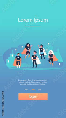 Happy children in super hero characters costumes. Kids playing comic superhero roles on city building roof. Vector illustration for carnival, comic book, entertainment, game concept