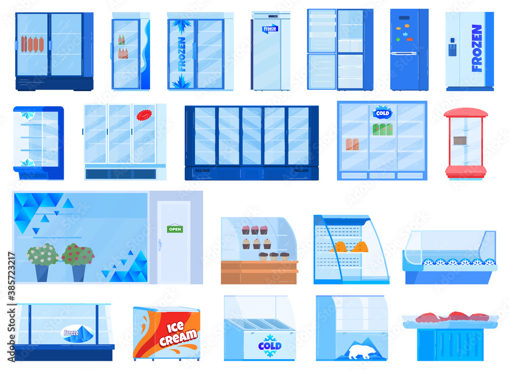Refrigerator freezer vector illustration set. Cartoon flat fridge