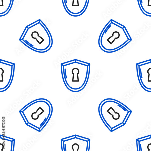 Line Shield with keyhole icon isolated seamless pattern on white background. Protection, security concept. Safety badge icon. Privacy banner. Defense tag. Colorful outline concept. Vector.