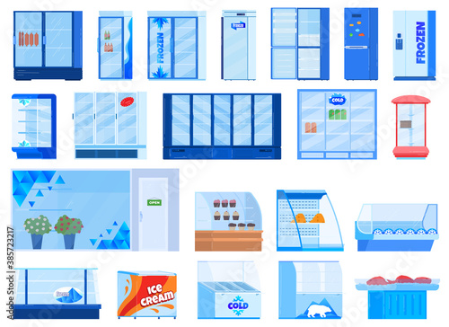 Refrigerator freezer vector illustration set. Cartoon flat fridge equipment collection for freezing or refrigerating food drink in kitchen, supermarket, shop cafe or restaurant isolated on white