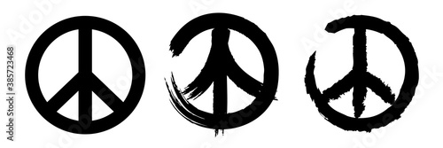 3 modèles du logo « Peace and Love » - silhouettes noires sur fond blanc.