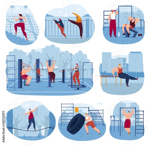Outdoor sport gym vector illustration set. Cartoon flat healthy lifestyle activity collection with athletic sportsman people doing workout fitness exercises or gymnastics in street park playground