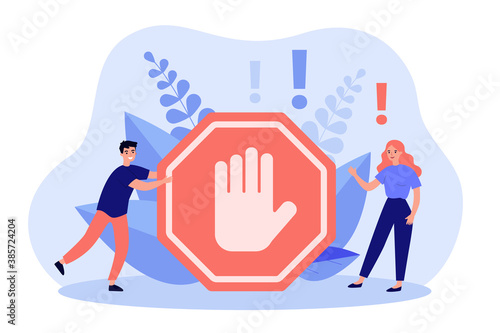 Tiny people standing near prohibited or forbidden gesture flat vector illustration. Symbolic warning, danger or safety caution information. Alert, risk, stop and restricted entry concept photo